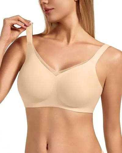 vqj womens full coverage jelly comfort support wireless bra with breathable v mesh no underwire push up bralette seamless everyday t shirt bra nude l